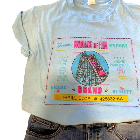 Vintage Tops - Vintage 80s Worlds of Fun Neon Rollercoaster Tee